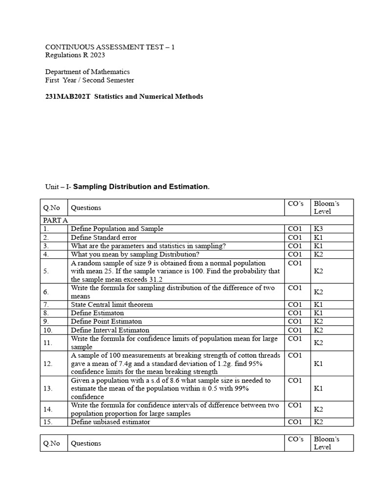 Continuous Assessment Test in Statistics | PDF | Estimator | Statistics