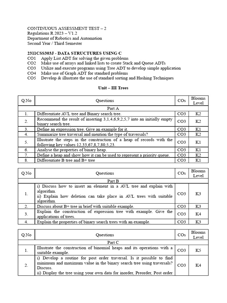 Continuous Assessment Test: Data Structures | PDF | Mathematical ...