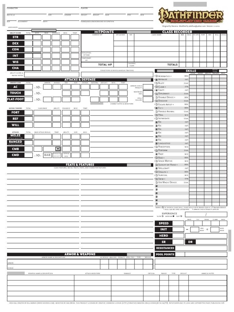 Pathfinder Character Sheet Template | PDF | D20 System | Tabletop Games