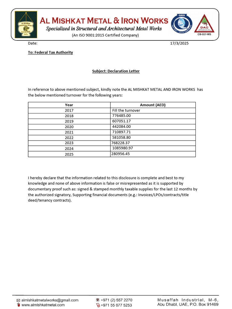 Annual Turnover Declaration Letter | PDF | Taxes | Government Finances