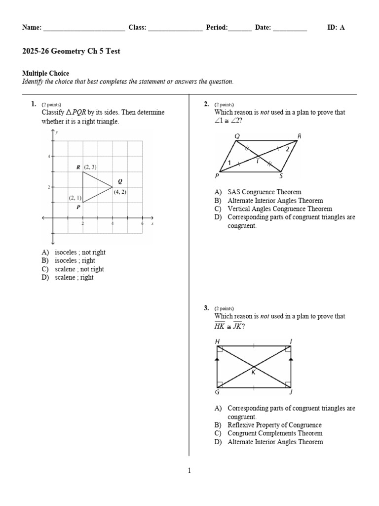 Geometry Chapter 5 Test Questions | PDF | Triangle | Mathematics