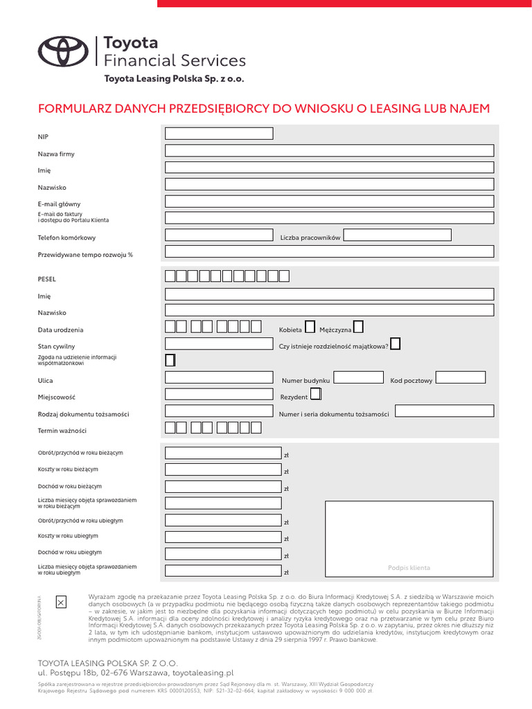 TBP - Formularz Danych Do Wniosku o Leasing I Najem - Przedsiebiorca ...