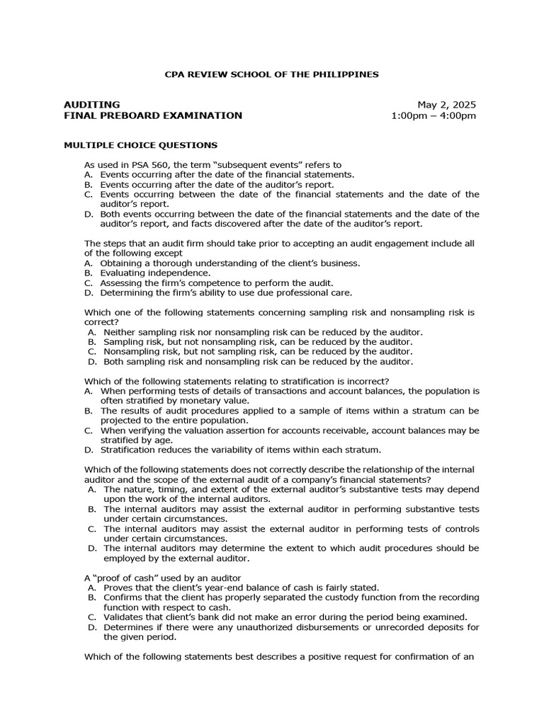 Auditing Final Preboard Exam 2025 | PDF | Audit | Internal Control