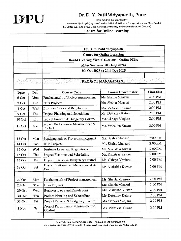 Project Management Classes Schedule | PDF