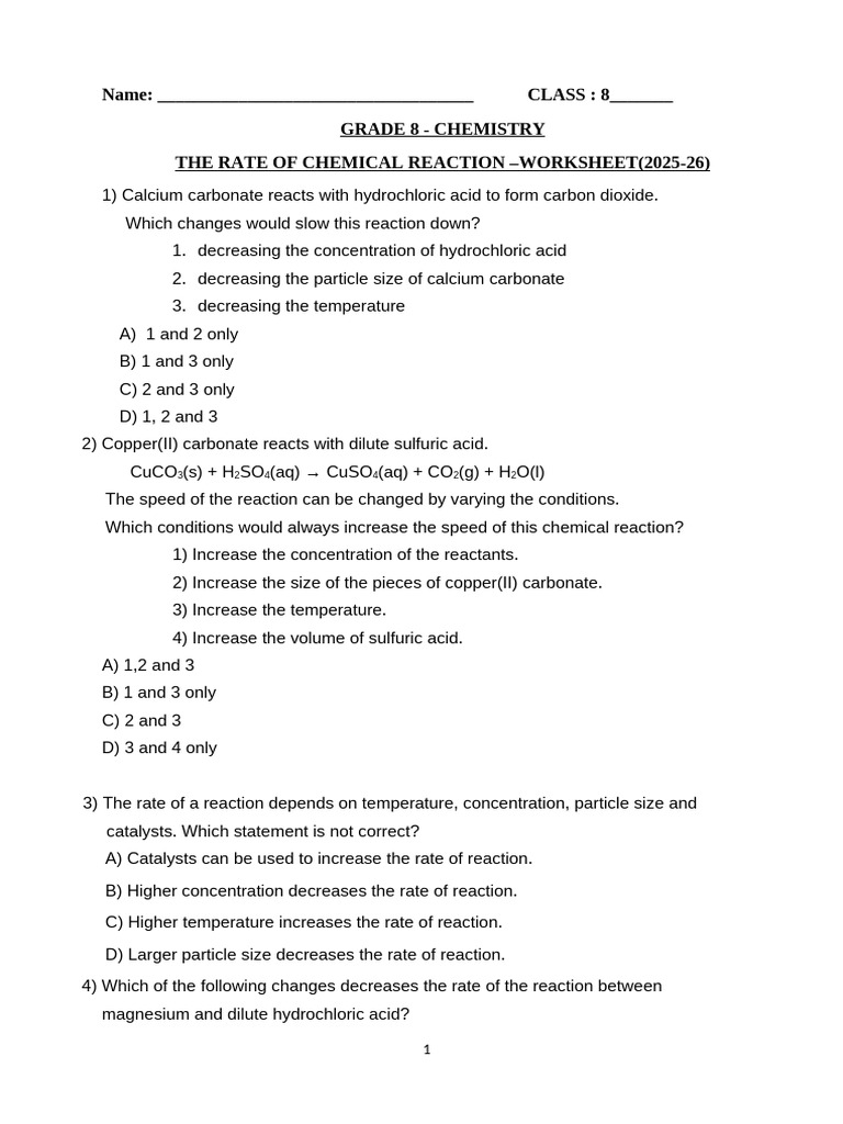 Grade 8 Chemistry Reaction Rates Worksheet | PDF | Reaction Rate ...