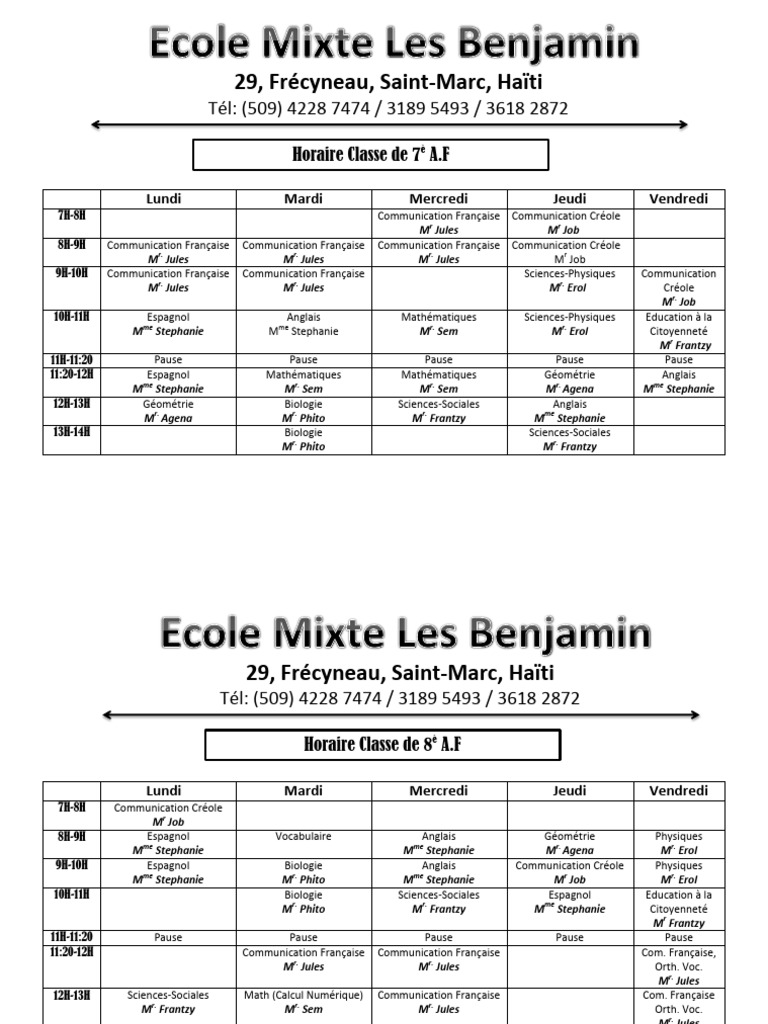 Emploi du temps des classes A.F à Les Benjamin | PDF | Mathématiques