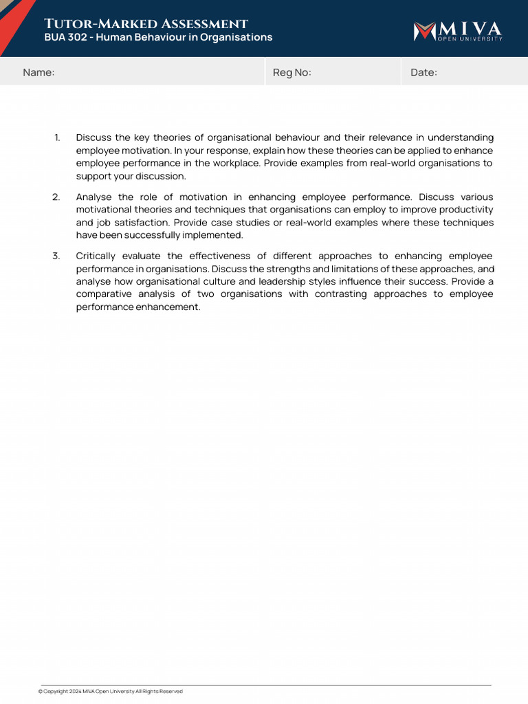 BUA 302 - Human Behaviour in Organisations - TMA | PDF