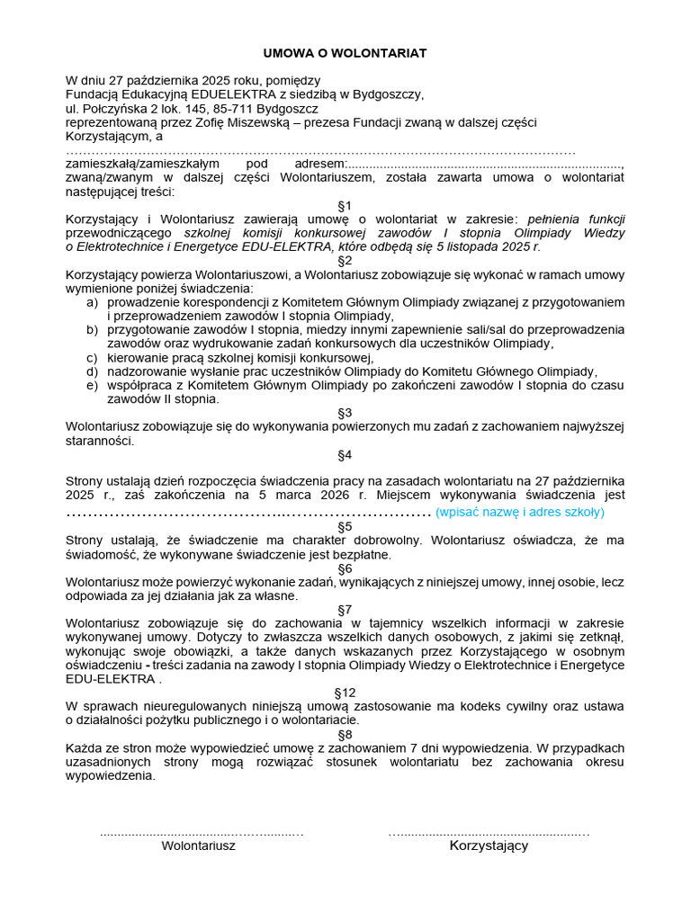 Umowa O Wolontariat PDF