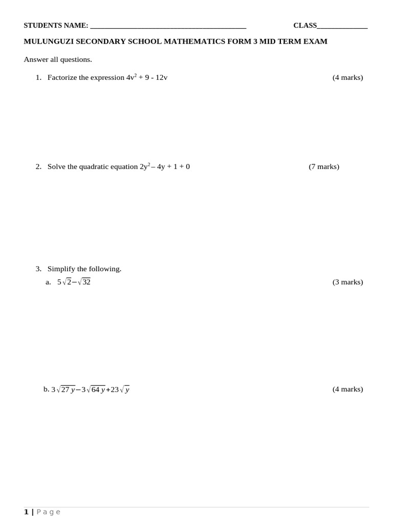 Form 3 Mid Term Math Exam Paper | PDF | Square Root | Circle