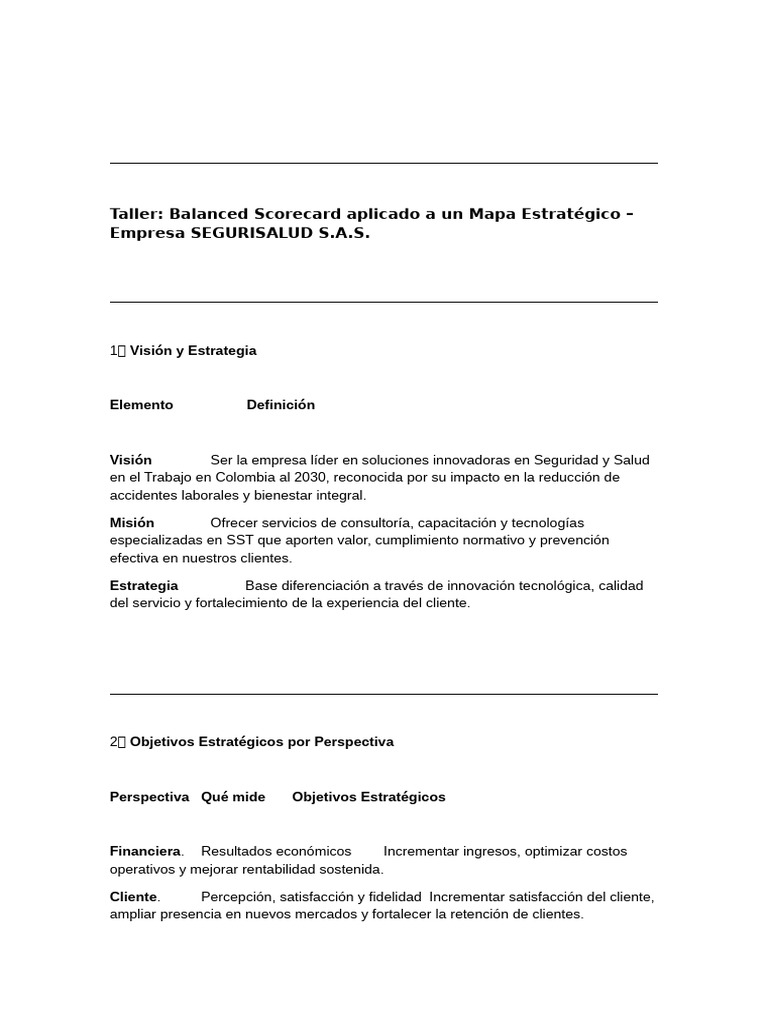 Balanced Scorecard para SEGURISALUD S.A.S. | PDF | Economias | Business