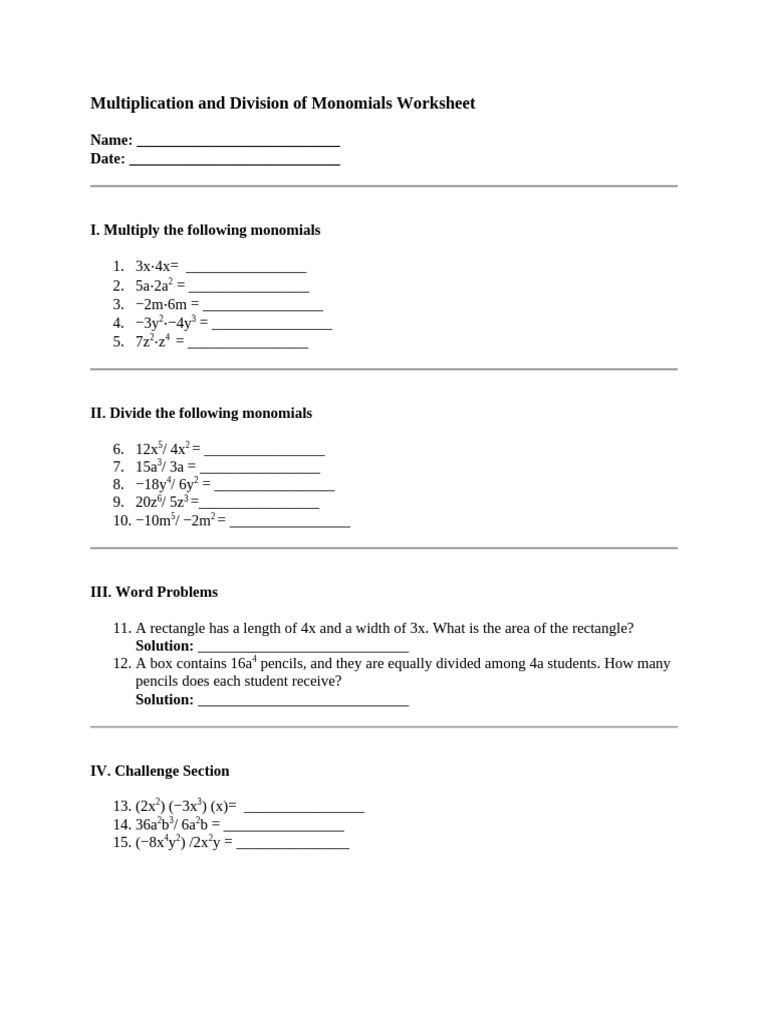 Monomials Multiplication & Division Worksheet | PDF