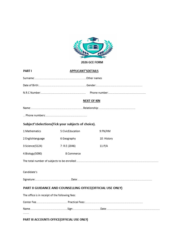 2026 Gce Form 1 | PDF