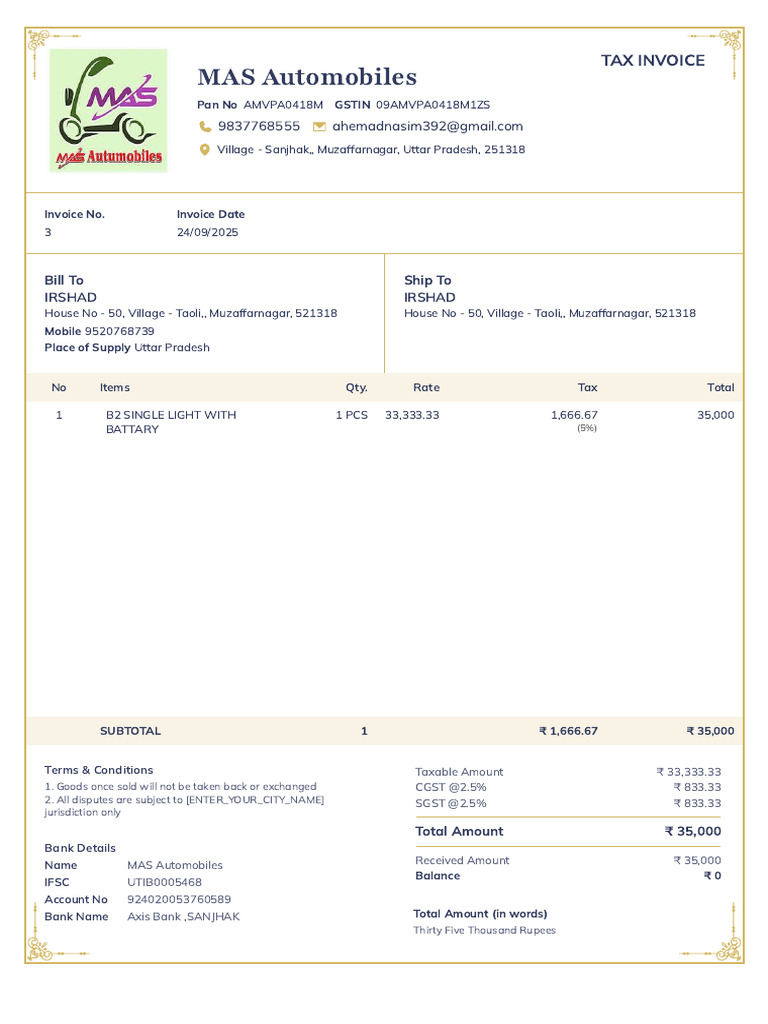 MAS Automobiles Tax Invoice Details | PDF