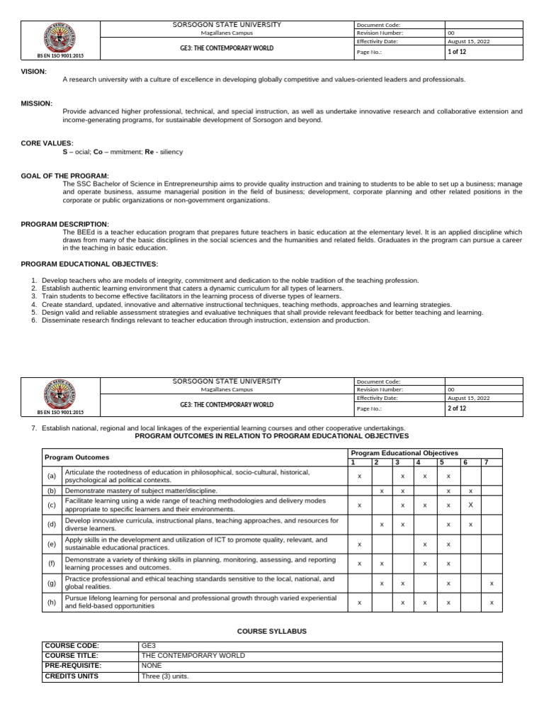 Sorsogon State University GE3 Course Overview | PDF | Learning | Teachers