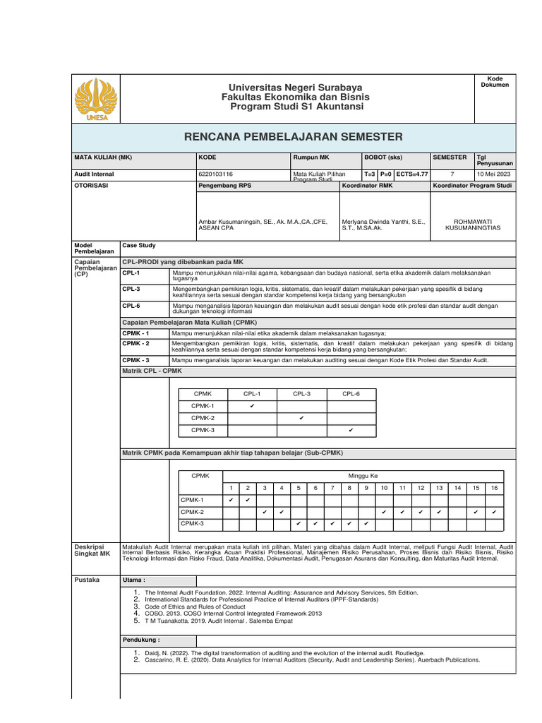 Rencana Pembelajaran Audit Internal S1 | PDF