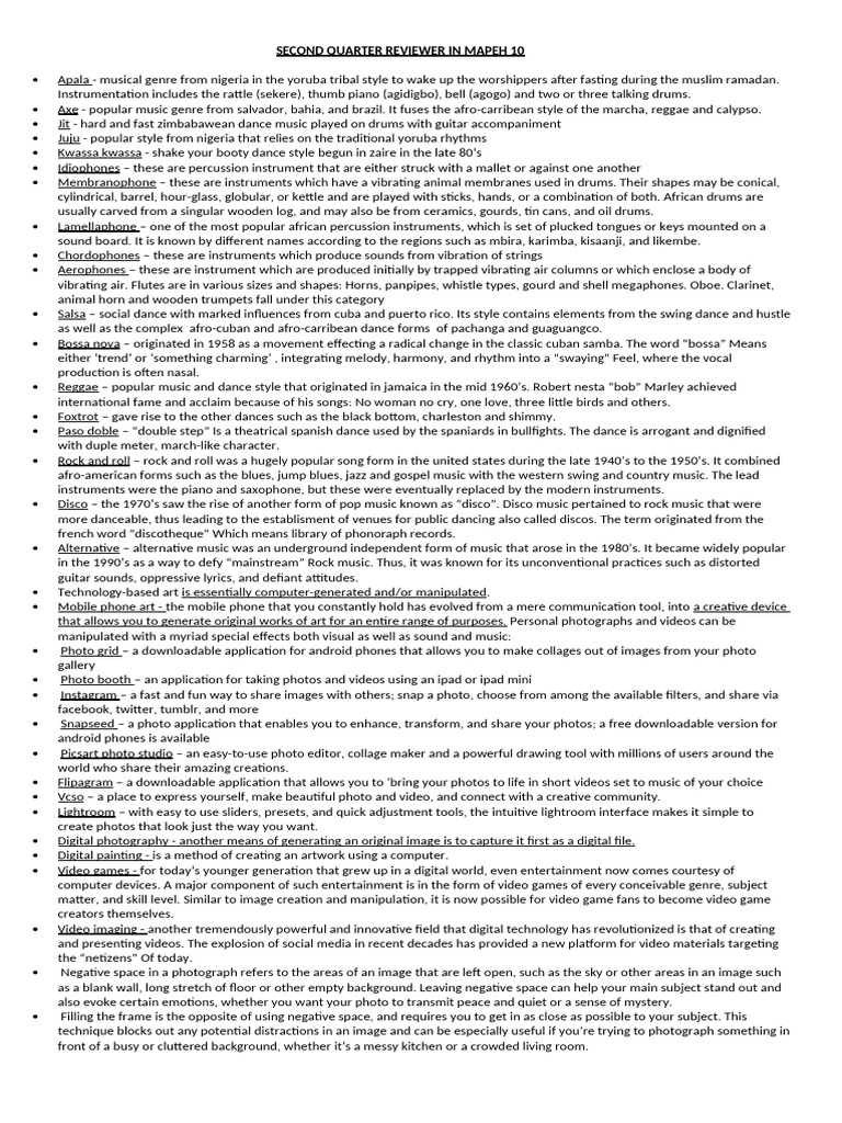 Second Quarter Reviewer in Mapeh 10 | PDF | Musical Instruments ...