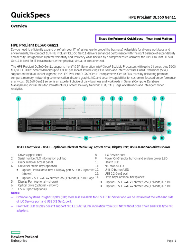 HPE ProLiant DL360 Gen11 Server Specs | PDF | Solid State Drive ...