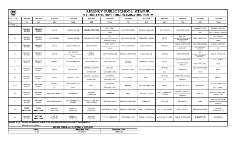 First Term Exam Schedule 2025-26 | PDF | Languages | Foreign Language ...