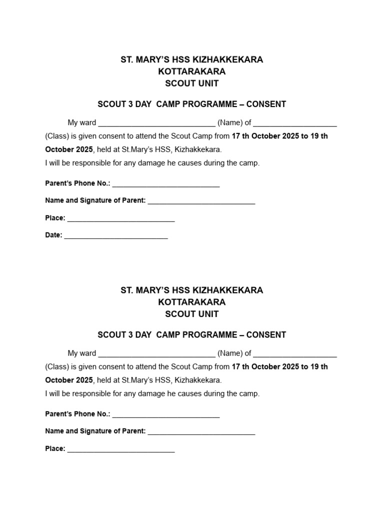 Scout Camp Consent Form 2025 | PDF