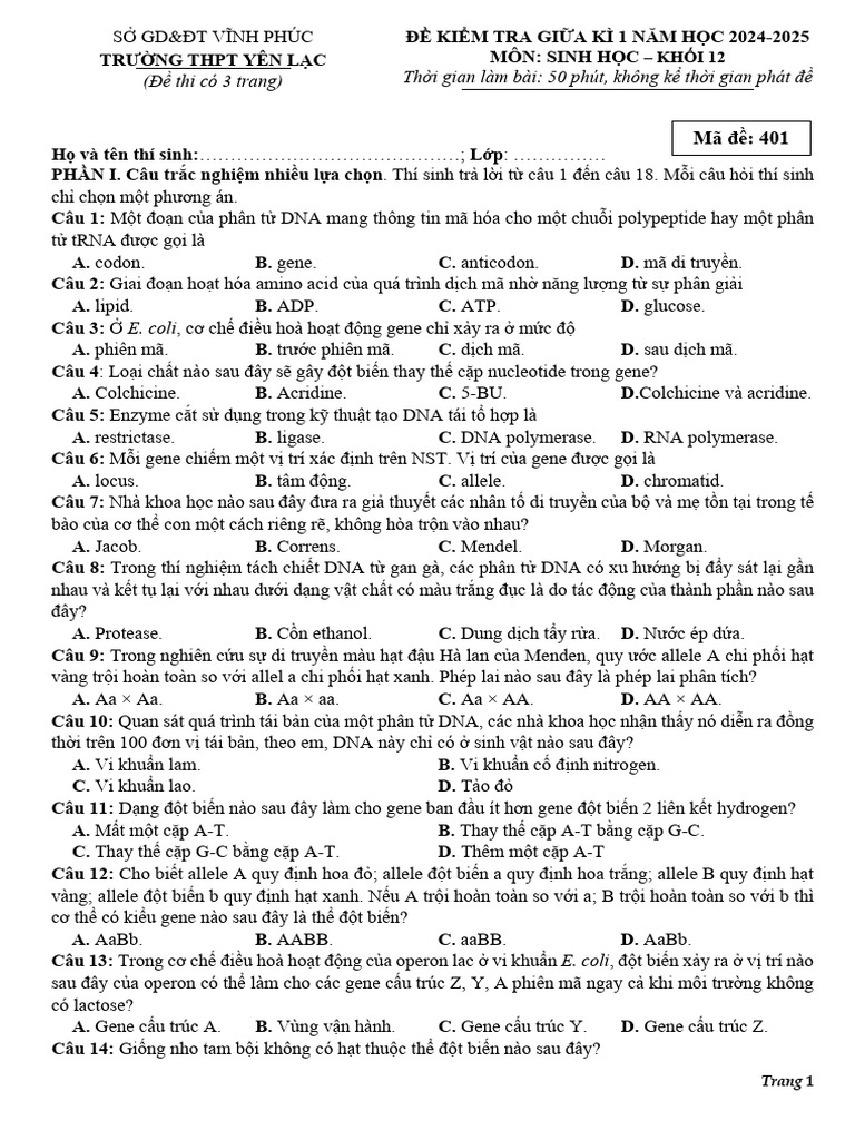 De Giua Ky 1 Sinh Hoc 12 Nam 2024 2025 Truong THPT Yen Lac Vinh Phuc | PDF