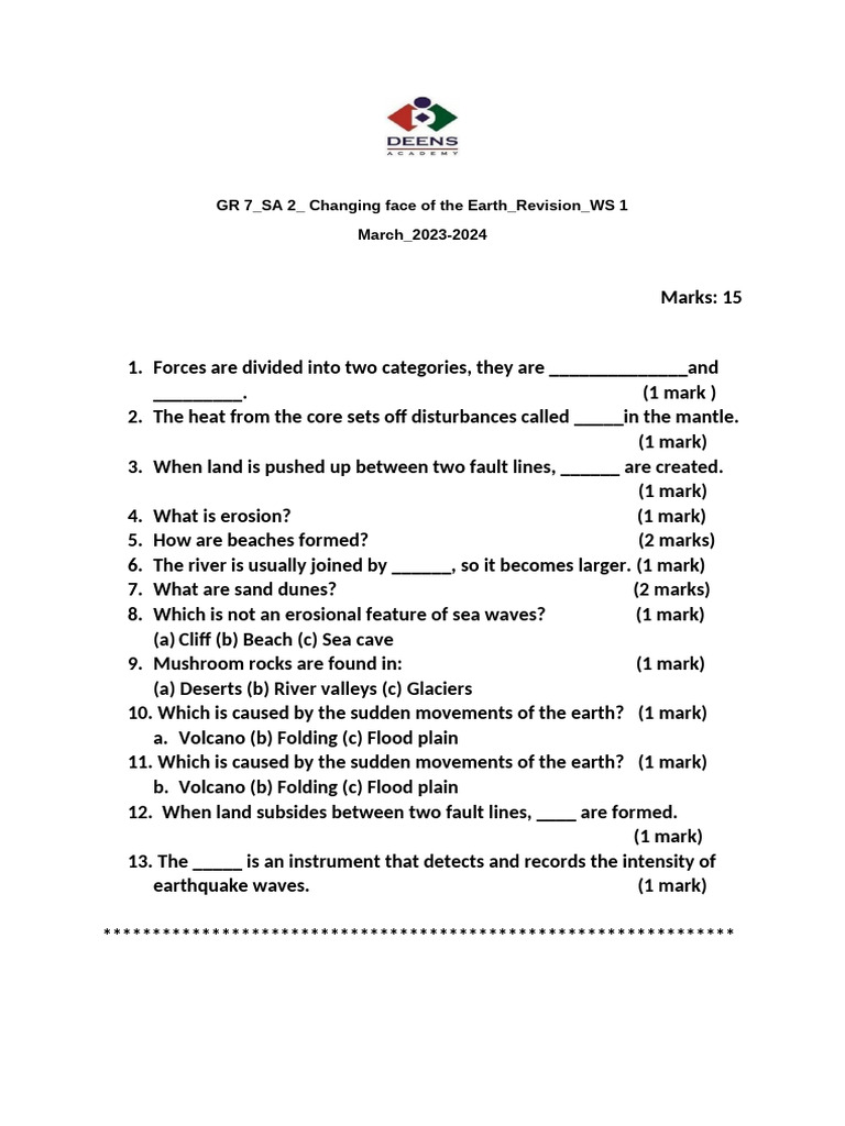 GR 7 - SA 2 - Changing Face of The Earth - Revision - WS 1 March - 2023 ...