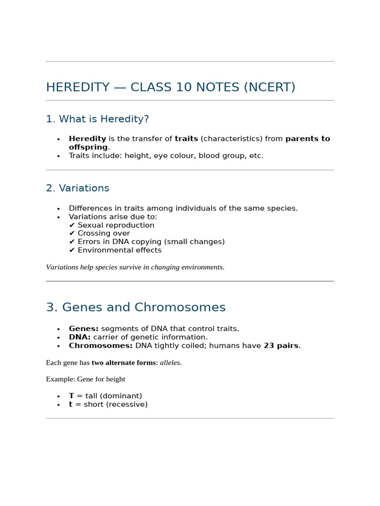 Class 10 Heredity Notes NCERT | PDF | Genotype | Dominance (Genetics)