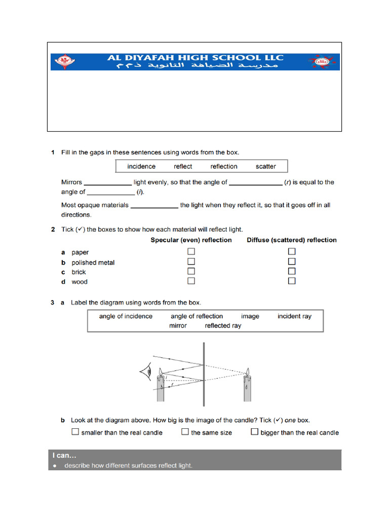 Light Reflection Science Worksheet | PDF