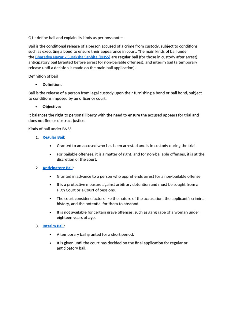 Types of Bail Under BNSS Explained | PDF | Bail | Assault