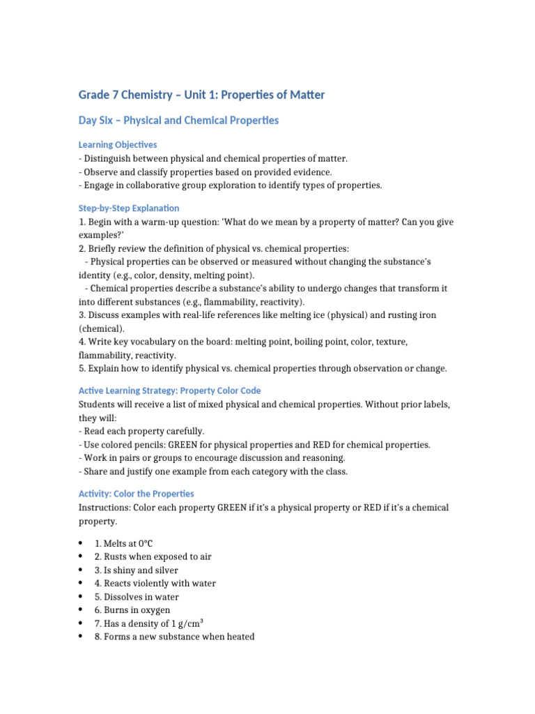 Grade 7 Chemistry: Properties of Matter | PDF | Chemical Substances | Water