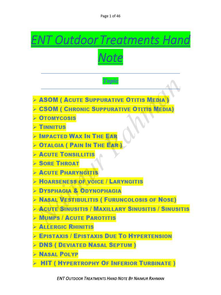 Naimur's ENT Outdoor Treatments Hand Note | PDF