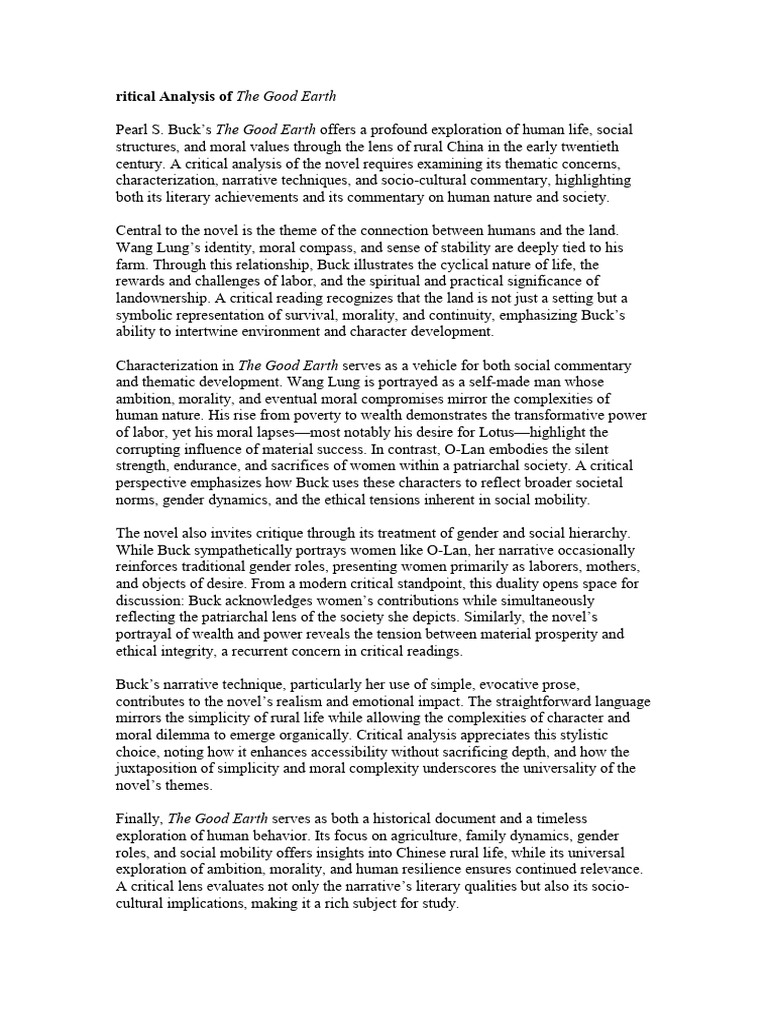 Ritical Analysis of The Good Earth | PDF | Narrative | Critical Thinking