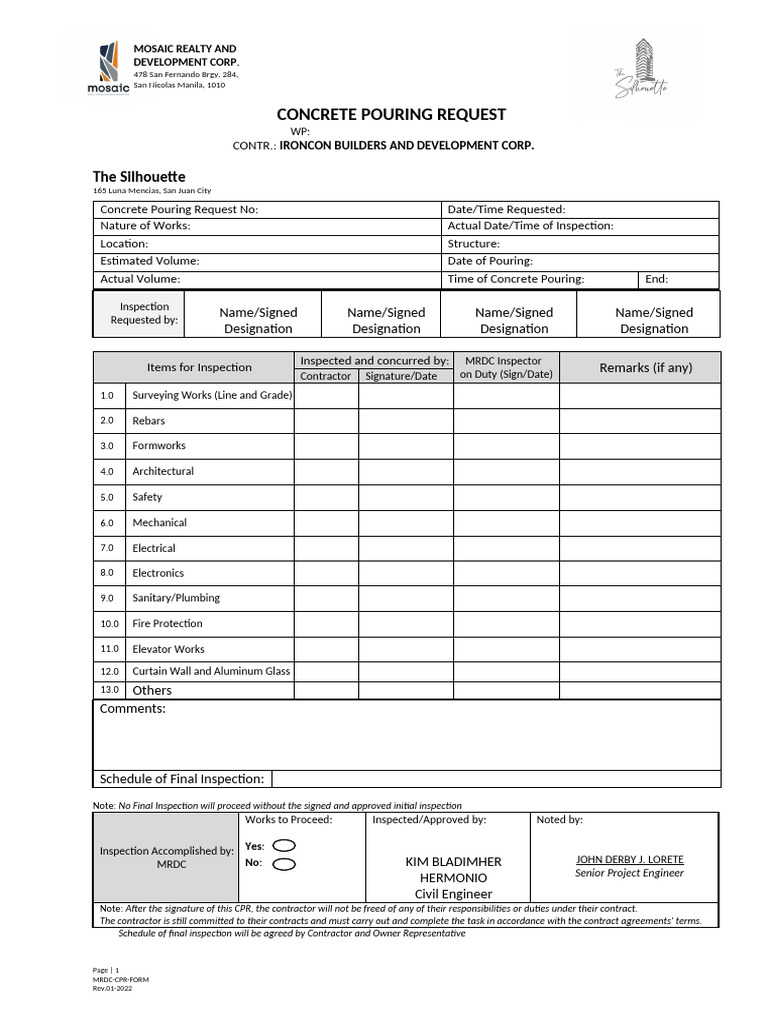 Concrete Pouring Request | PDF | Building Technology | Civil Engineering