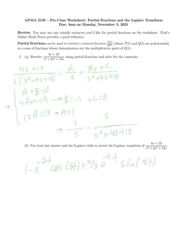 Due 11-3 Partial Fractions and The Laplace Transform | PDF ...