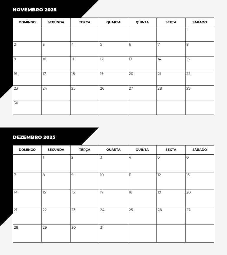 Calendário de Novembro e Dezembro 2025 | PDF