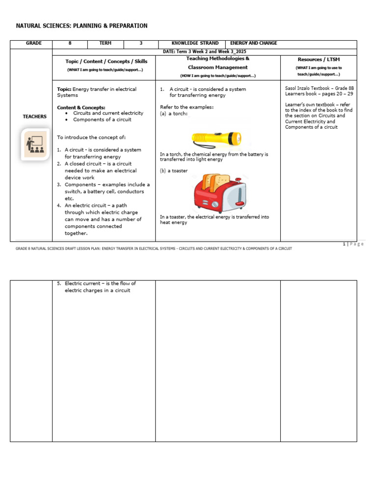 Grade 8 Lesson Plan: Energy Transfer in Circuits | PDF | Electric ...