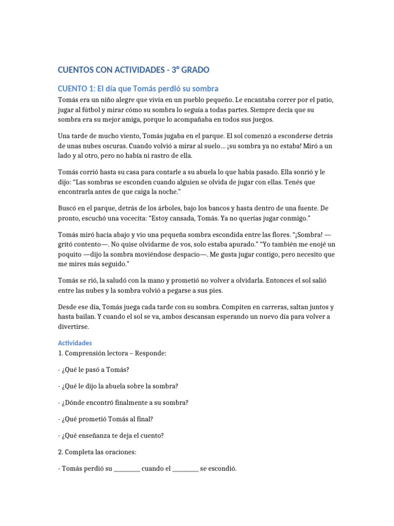 Cuentos y Actividades para 3° Grado | PDF