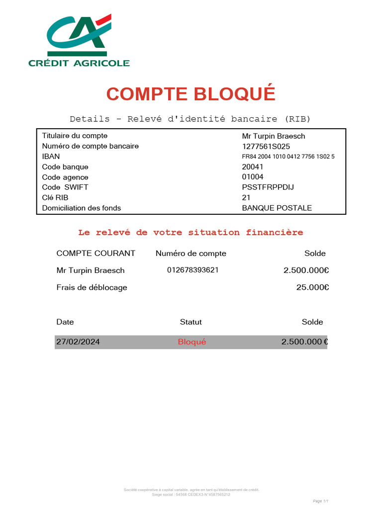 Compte bancaire bloqué : détails RIB | PDF
