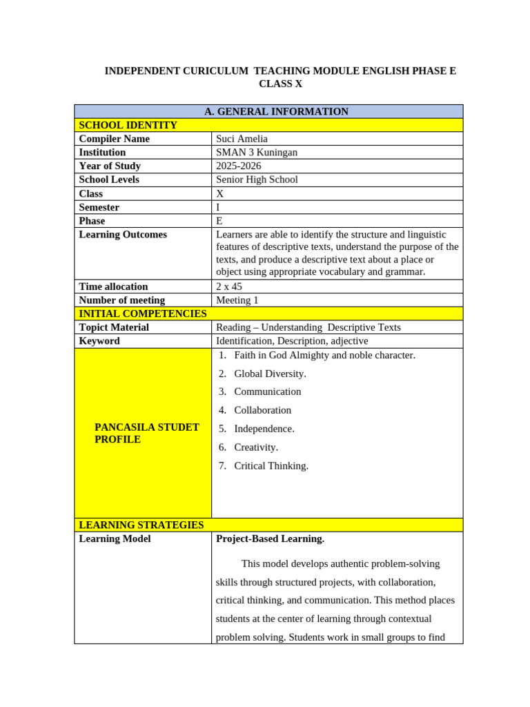 Descriptive Text Teaching Module for Class X | PDF | Educational ...
