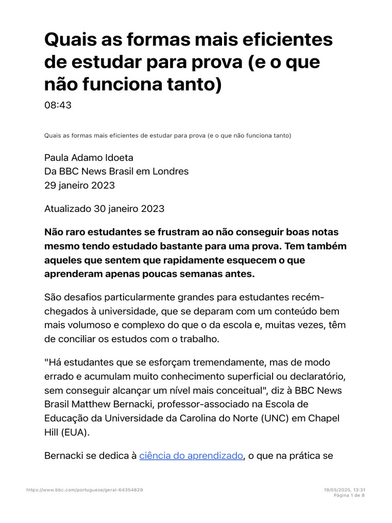 Técnicas Eficazes para Estudar Provas | PDF | Aprendizado | Science