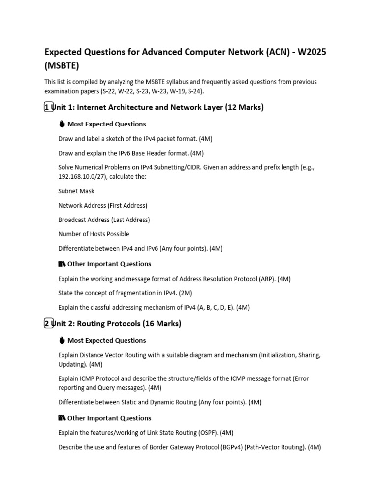 Expected Questions For ACN | PDF | Transmission Control Protocol | I Pv6