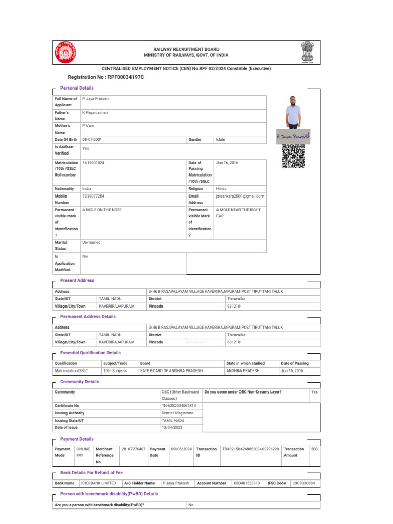 Rpf Application Jaya Prakash | PDF