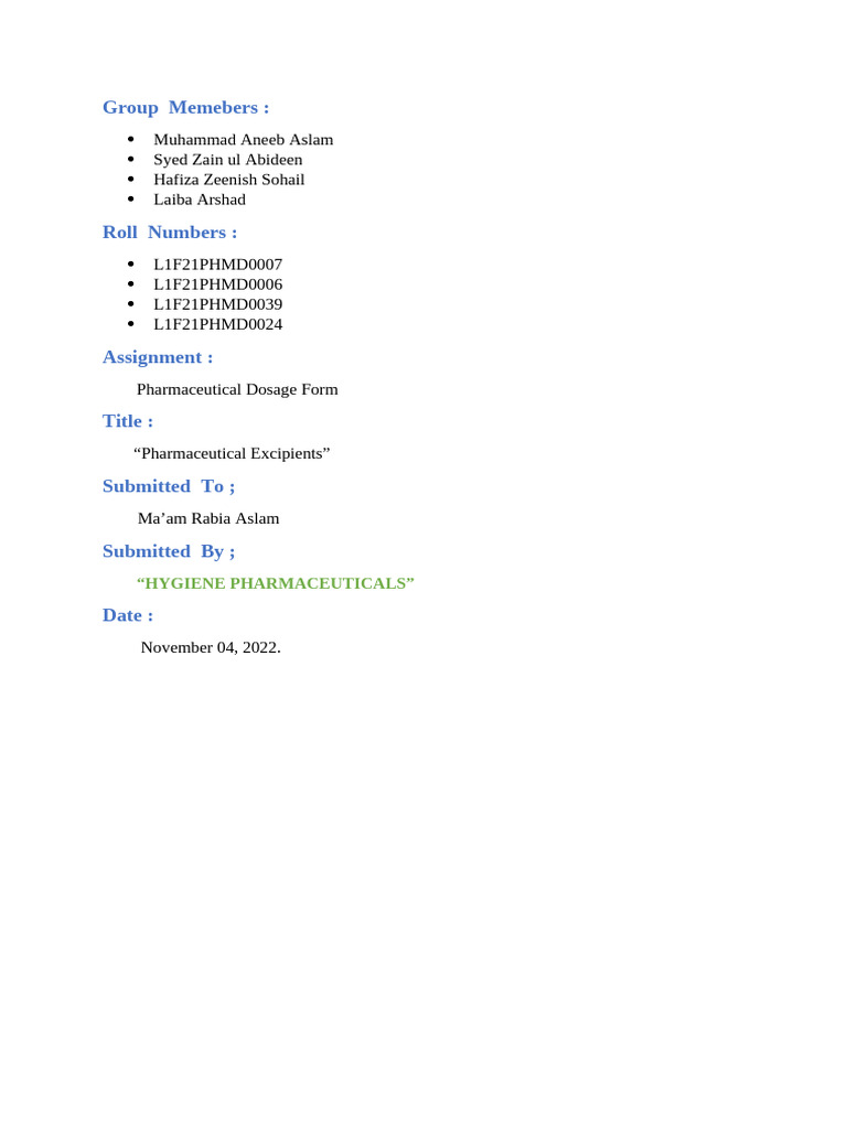 Pharmaceutical Excipients Overview | PDF | Tablet (Pharmacy) | Materials