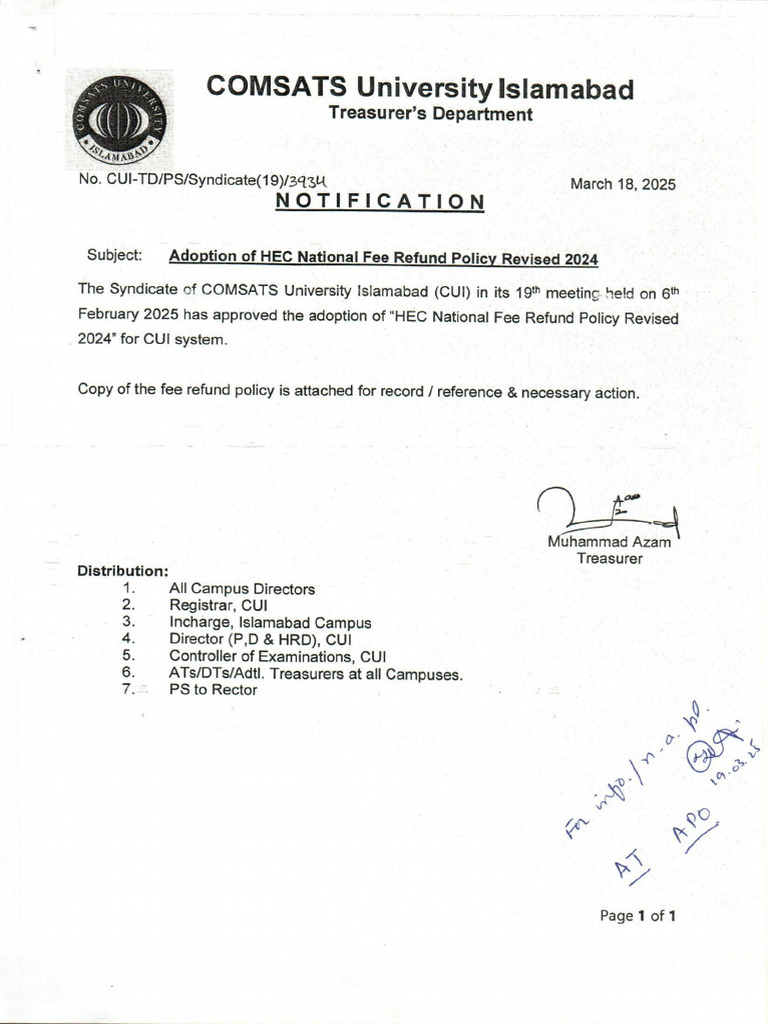 Notification HEC National Fee Refund Policy Revised 2024 | PDF