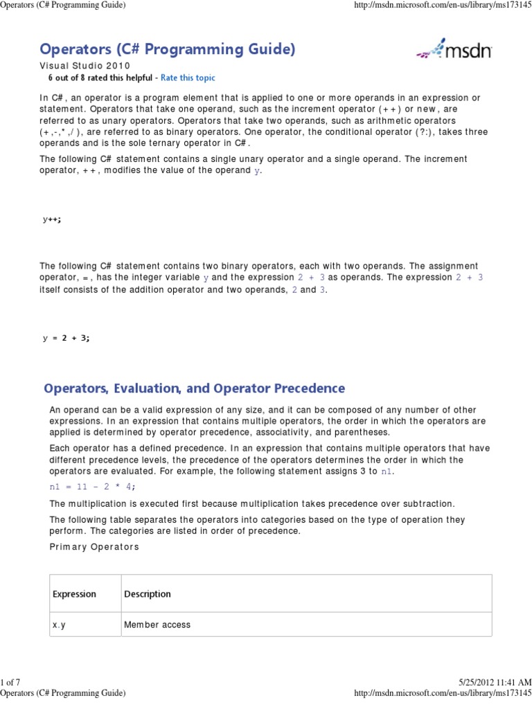 Operators (C# Programming Guide) | PDF | C (Programming Language ...