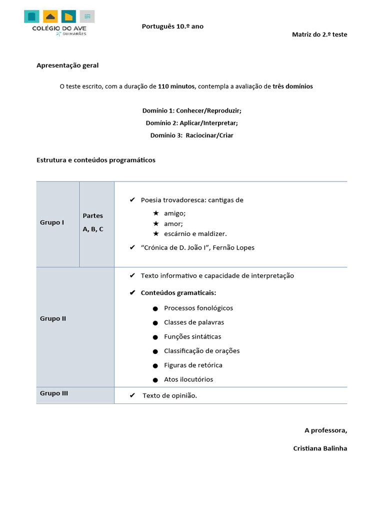 Matriz do 2.º Teste de Português 10.º Ano | PDF