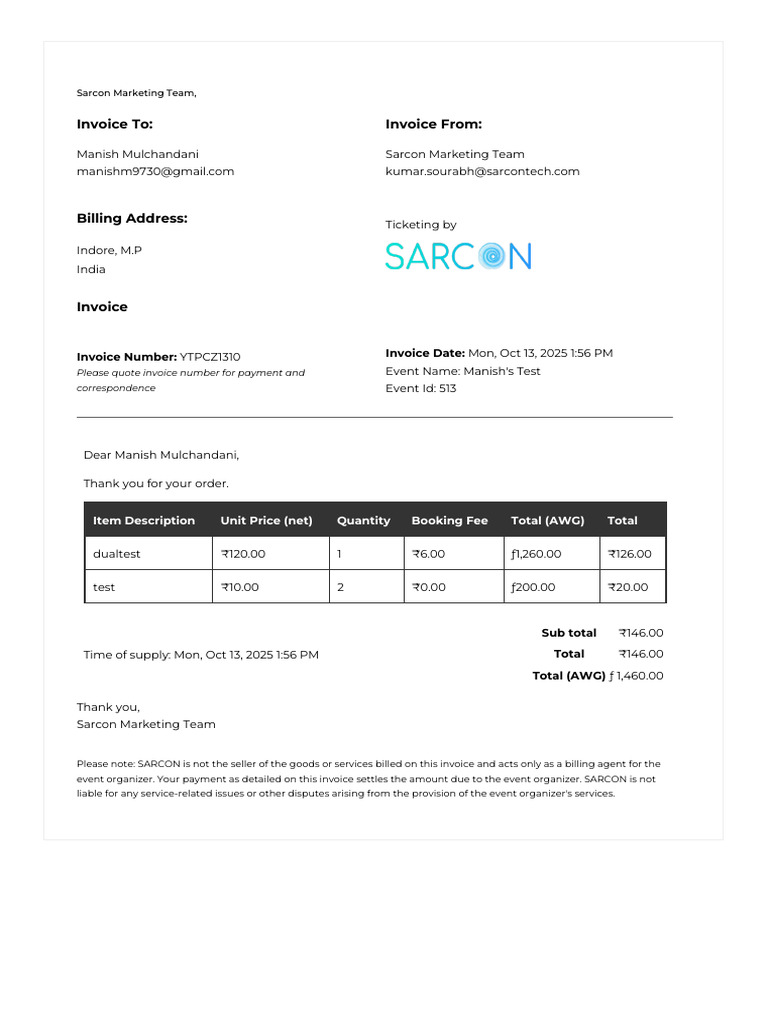 Invoice for Manish's Test Event | PDF