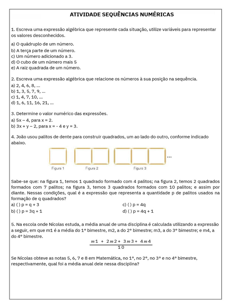 Expressões Algébricas e Sequências Numéricas | PDF | Sequência | Matemática