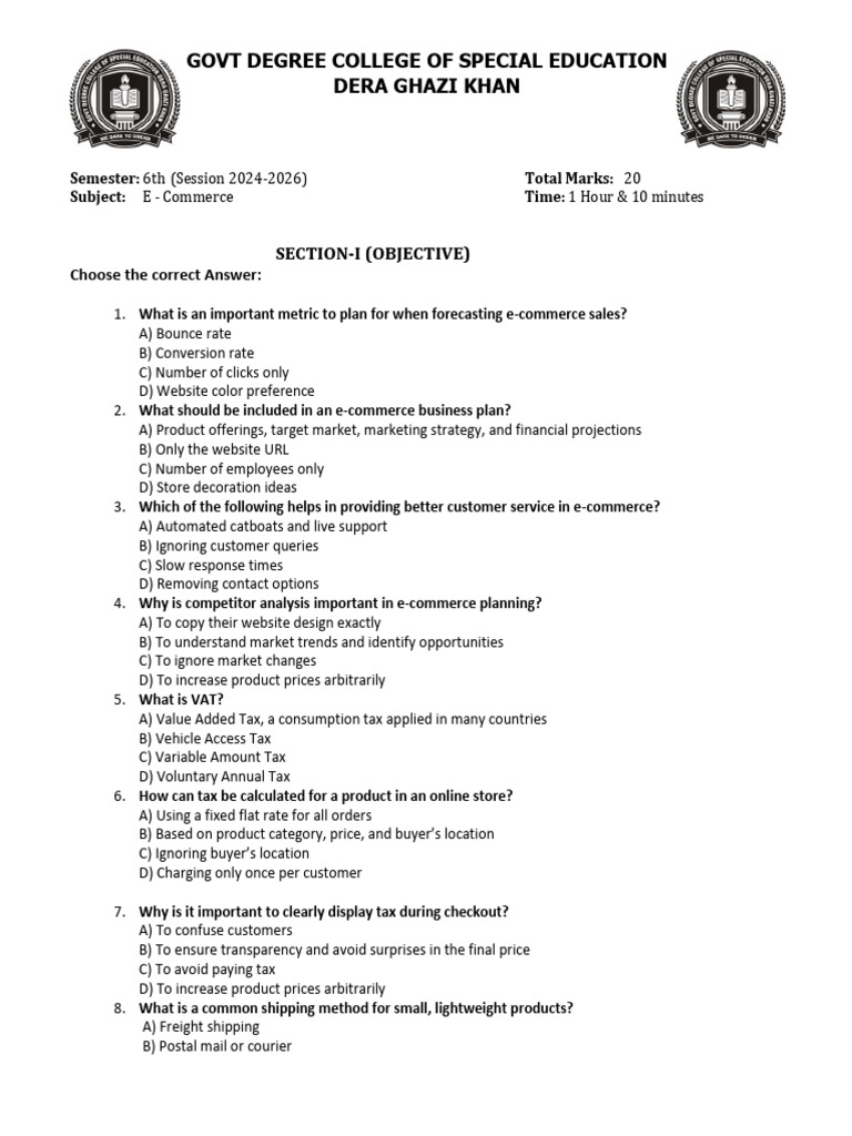 E-Commerce Exam: Objective & Subjective Questions | PDF | Taxes | Cargo