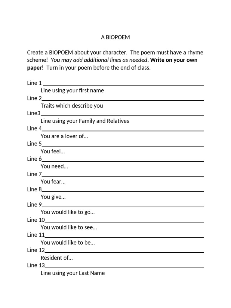 Create Your Own Biopoem Template | PDF