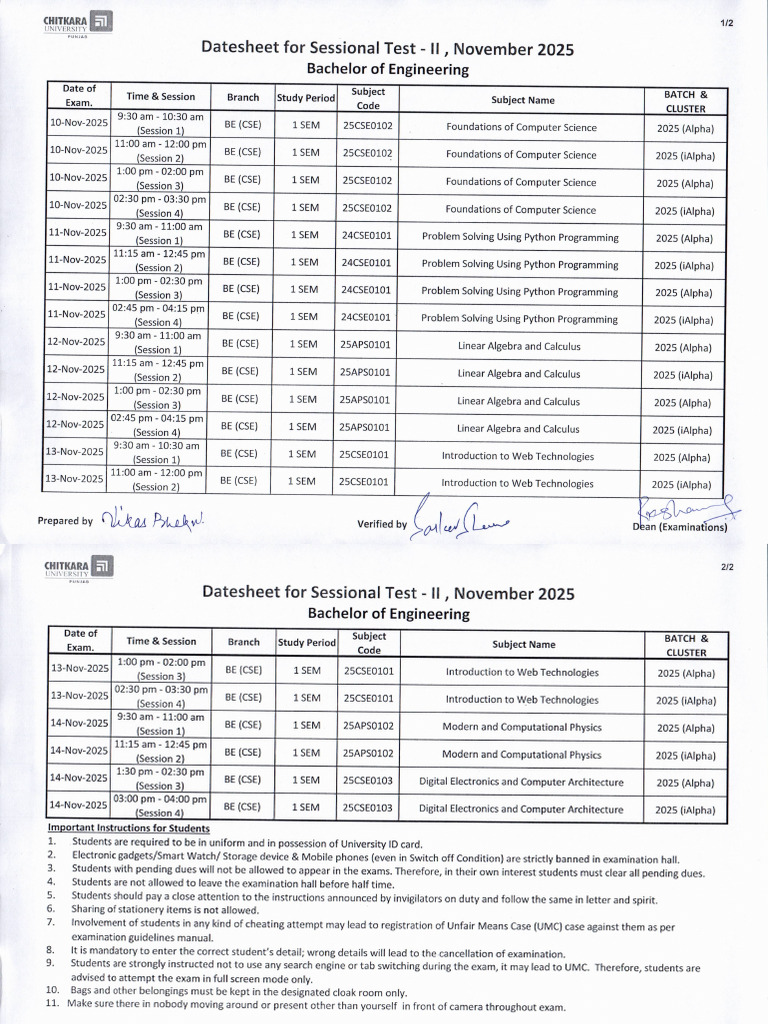 Circular 20251104140632 Datesheet For Be (Cse) Sessional Test-II ...